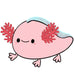 Cartoon design illustration of baby axolotl plushie with red gills and shiny fin


