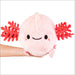 Front view of Mini Squishable Baby Axolotl plushie with pink gill frills and smiling face

