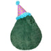 Back view of plush avocado toy with dark green textured skin and colourful hat

