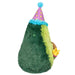 Side view of Mini Comfort Food Birthday Avocado plushie holding a party blower

