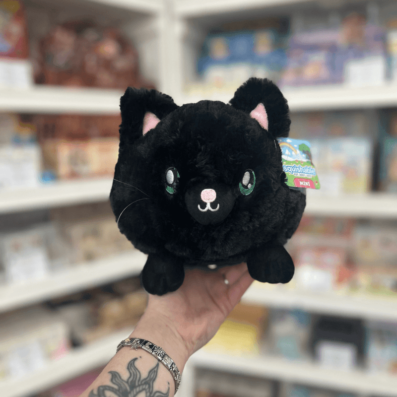 Mini Squishable Black Kitty plush toy held in hand in a gift shop, front view