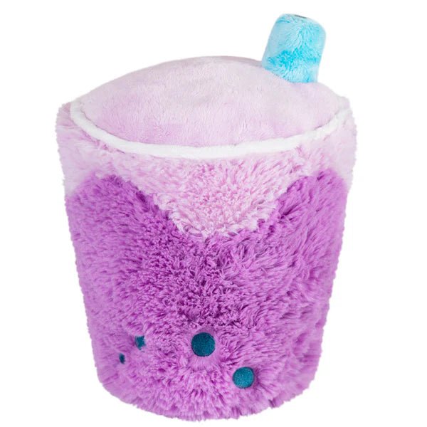 Back view of purple bubble tea plush toy with soft textured surface and straw top

