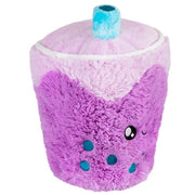 Side view of Mini Bubble Tea plushie showing embroidered pearls and blushing cheeks

