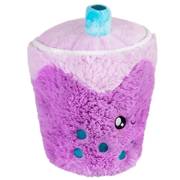 Side view of Mini Bubble Tea plushie showing embroidered pearls and blushing cheeks

