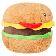 Side view of Squishable Mini Comfort Food Cheeseburger plush toy showing burger layers