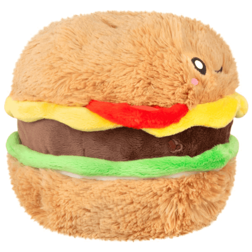 Side view of Squishable Mini Comfort Food Cheeseburger plush toy showing burger layers