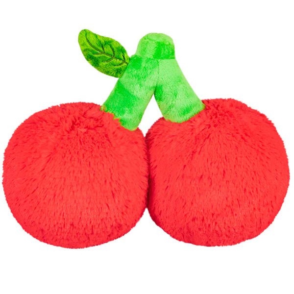Back view of red plush cherries with green stems and soft leaf detail

