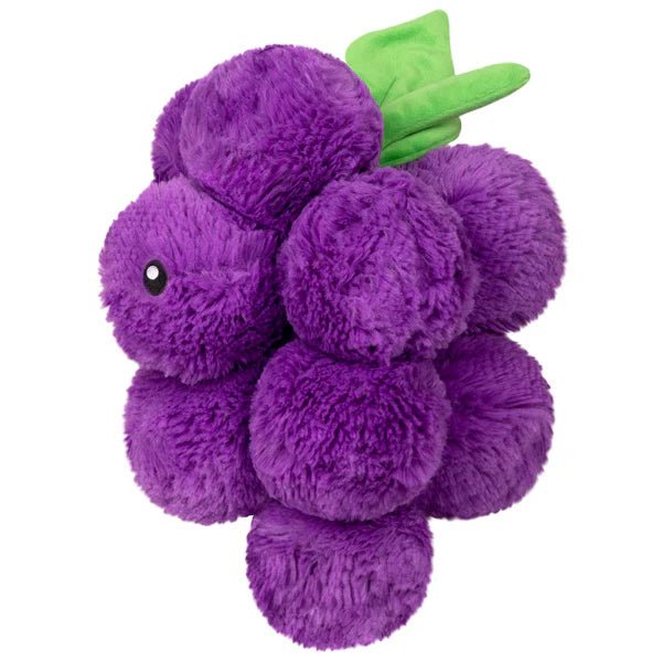 Side view of Squishable grapes plushie with soft round segments and embroidered eyes

