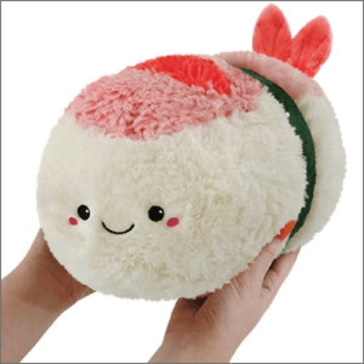 Front view of Squishable Shrimp Sushi plush toy held in hands