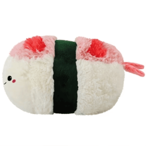 Side view of Squishable Shrimp Sushi plush showing seaweed wrap and shrimp tail