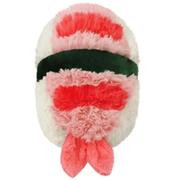 Top view of Squishable Shrimp Sushi plush showing pink shrimp topping and rice