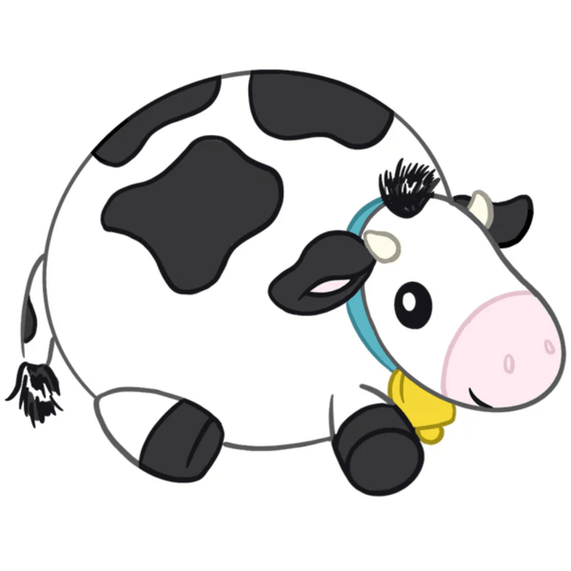 Illustration of Squishable Mini Cow character with black patches and jingle bell collar