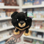 Mini Squishable Fluffy Dachshund plush toy held in hand in a gift shop, front view