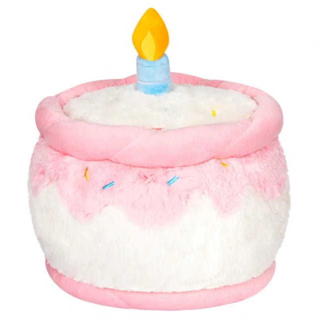 Back view of Squishable birthday cake plush toy with soft pink and white layers

