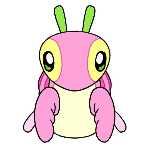 Flat illustration of a kawaii pink orchid mantis with large cartoon eyes

