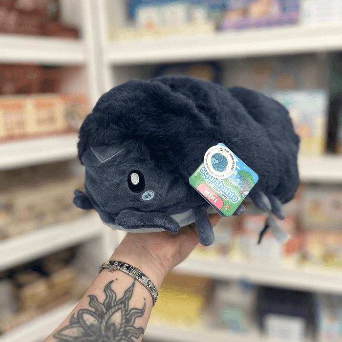 Mini Squishable Pillbug Rollie Pollie plush toy held in hand in a gift shop, angled side view