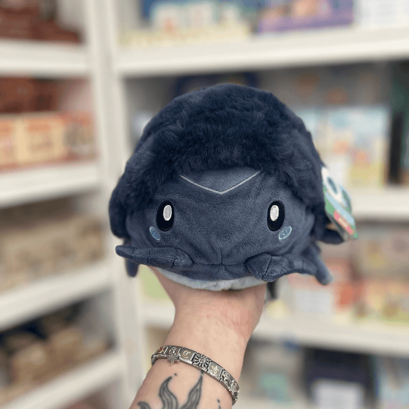 Mini Squishable Pillbug Rollie Pollie plush toy held in hand in a gift shop, front view