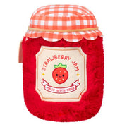Back view of red plush jam jar toy with “Made with Love” strawberry label

