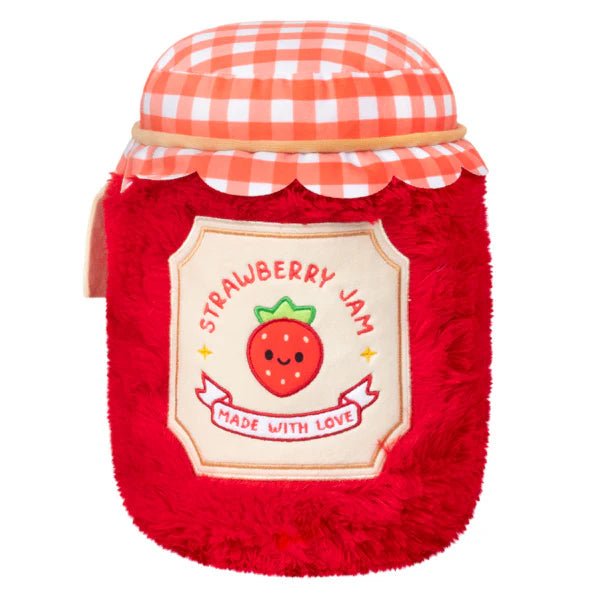 Back view of red plush jam jar toy with “Made with Love” strawberry label

