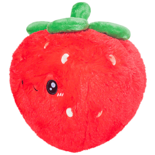 Side view of Squishable Mini Comfort Food Strawberry plush toy with winking face detail