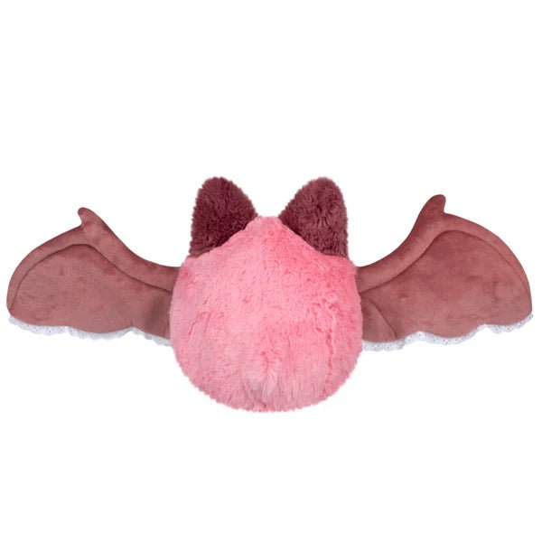 Back view showing pink body and dusky-rose wings with lace edging on the Mini Sweetheart Bat plush