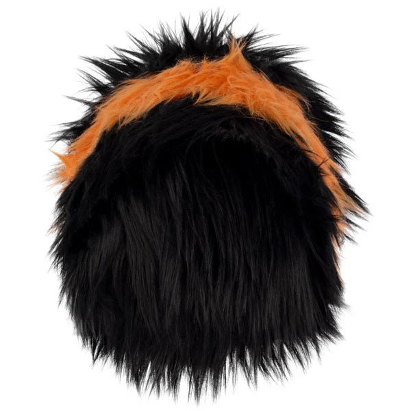 Back view highlighting fluffy black fur with bright orange stripe on the Mini Woolly Caterpillar plush
