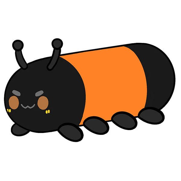 Character design illustration showing woolly caterpillar with black head, orange band, antennae and multiple legs
