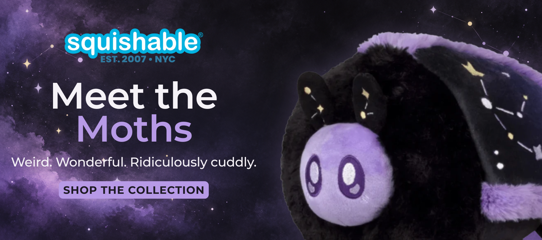 A plush moth toy from the brand squishable, shown against a dark purple starry space background. The plush has a black body, a fuzzy purple head and collar, and small gold embroidered stars and constellation details.