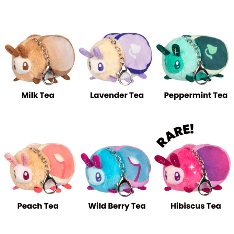 Six Squishable Moths Cup of Tea plush keychain designs including rare Hibiscus Tea