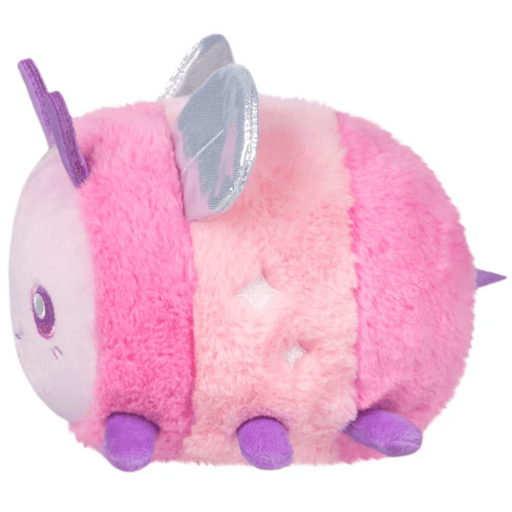 Side view of the Squishable Party Snacker Pink Bee soft toy showing pink stripes, purple legs and shiny silver wings