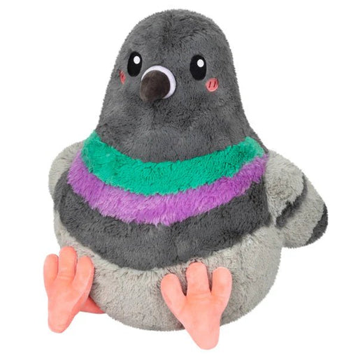 Squishable Pigeon plush toy with grey body, pink feet, and colourful green and purple neck detail.