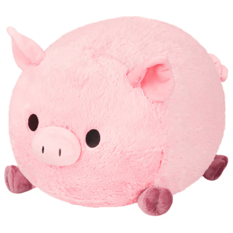 Front angled view of Squishable Piggy Plush with pale pink body and embroidered snout