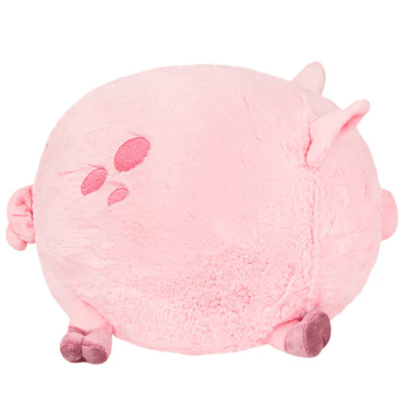 Rear side view of Squishable Piggy Plush showing pink body, curly tail and little trotters