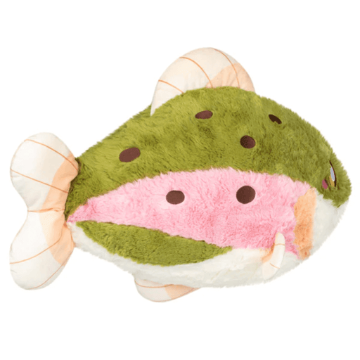 Side view of Squishable Rainbow Trout plush toy showing pink stripe and dark spot details.