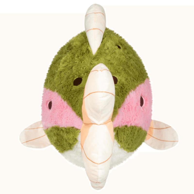 Top view of Squishable Rainbow Trout plush toy showing fins and rounded shape.