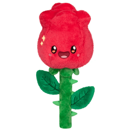 Front view of Squishable Red Rose plush toy with smiling red rose head and green stem.