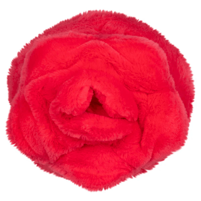 Close-up top view of Squishable Red Rose plush toy showing layered red plush petals.