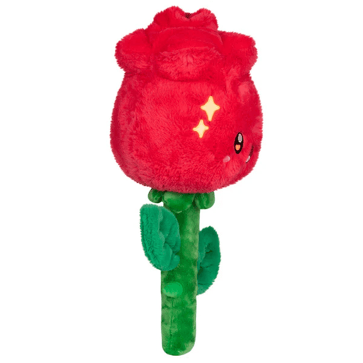 Side view of Squishable Red Rose plush toy showing red petals and leafy green stem.