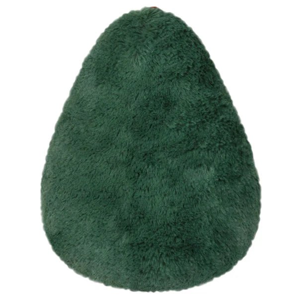 Back of the Squishable Snacker Avocado plushie with dark green fuzzy fur and a rounded shape.
