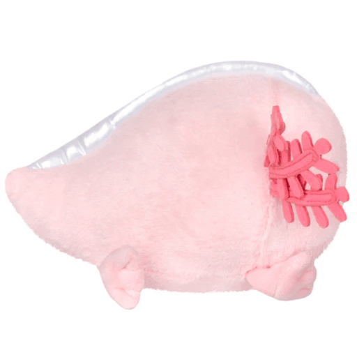 Side view of the Squishable Snacker Baby Axolotl showing its pink gills