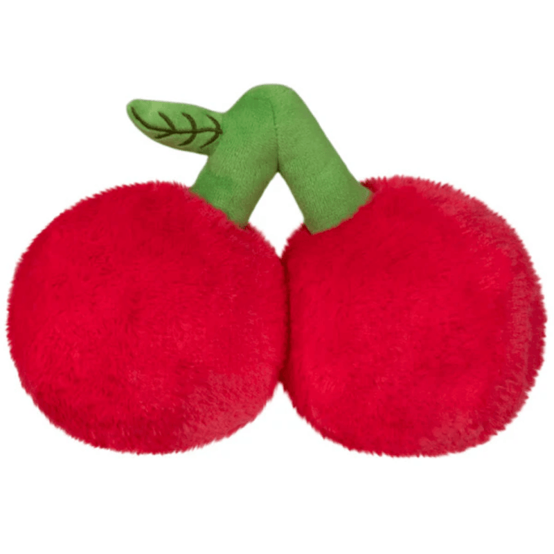 Back view of the Squishable Snacker Cherries plush toy showing both red cherries and green stem with leaf
