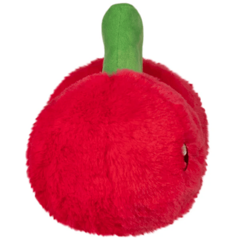 Rear angled view of the Squishable Snacker Cherries plush toy showing the back of one cherry and green stem detail
