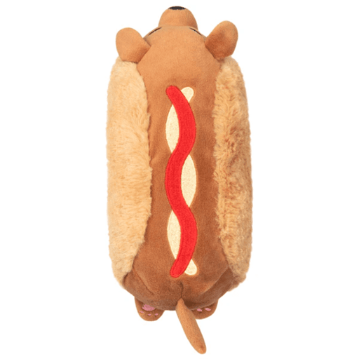 Top view of Squishable Snacker Dachshund Hot Dog plush toy with mustard stripe