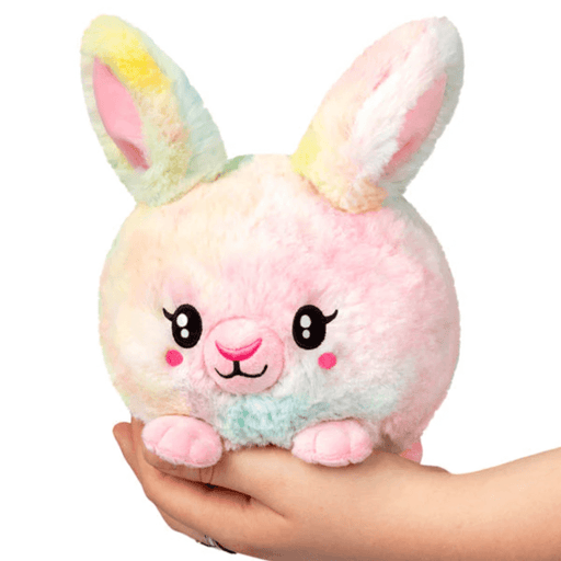 Front view of Squishable Snacker Fluffy Bunny Tie Dye plush toy with pastel fur and ears