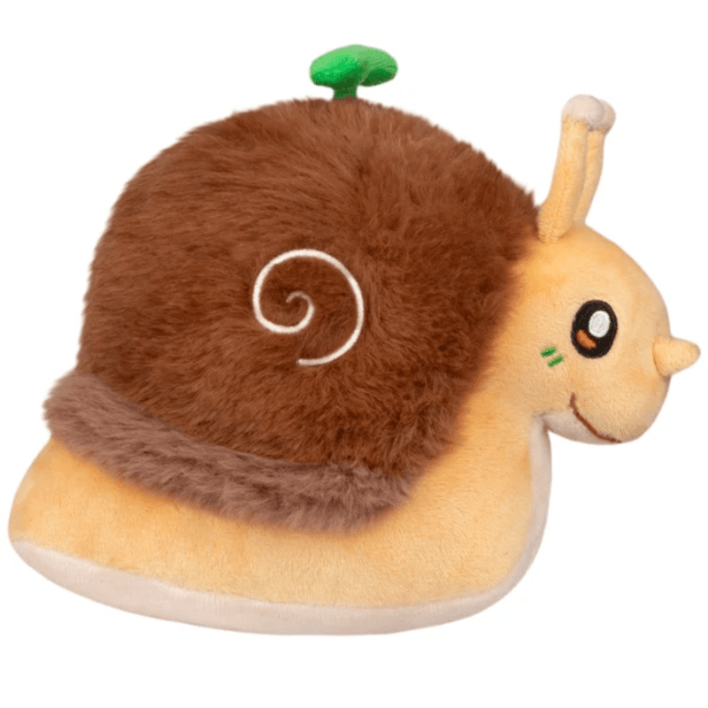Side view of Squishable Garden Snail plush showing its embroidered spiral shell and green sprout
