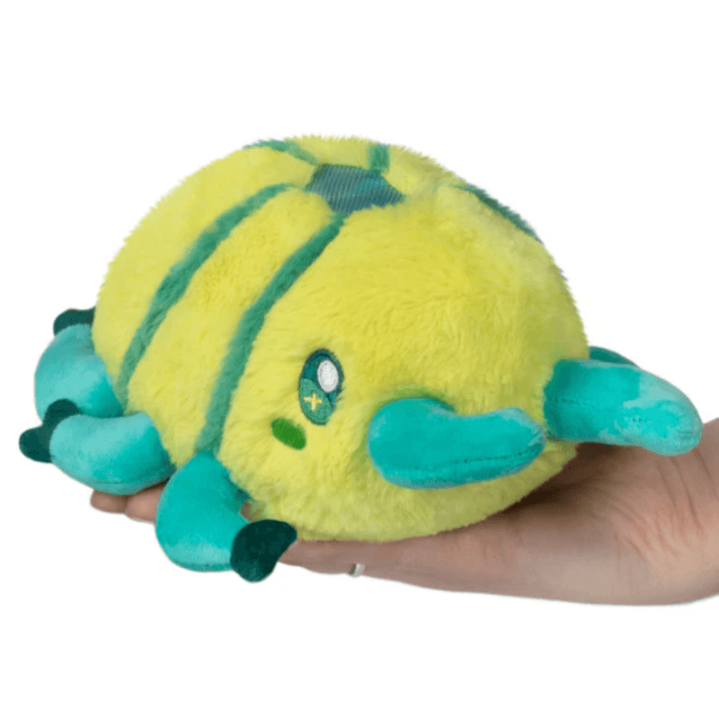 Front view of the Squishable Snacker Green Stag Beetle plush toy with bright green body and teal legs