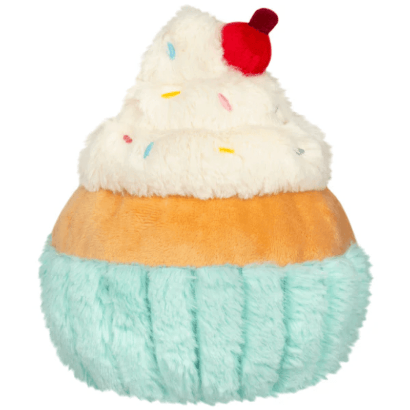 Back view of the Squishable Snacker Madame Cupcake plush toy with pastel blue cupcake base and icing swirl