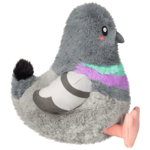 Side view of the Squishable Snacker Pigeon showing its striped wing and pink feet
