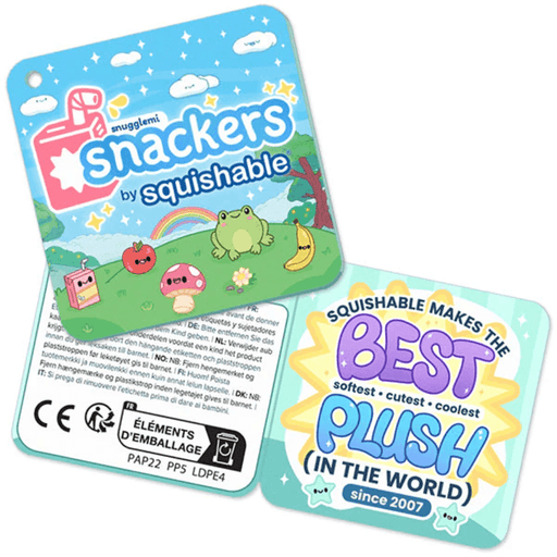 Squishable Snackers product tag for the Snacker Pigeon plush toy