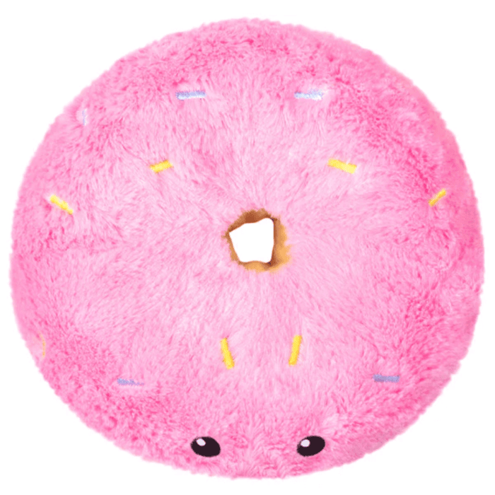 Top view of Squishable Snacker Pink Donut plush toy showing donut hole and sprinkle stitching